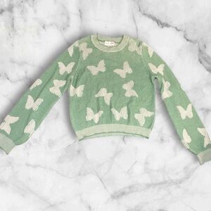 Hazel Moon Sage Green Butterfly Knit Cropped Crewneck Sweater